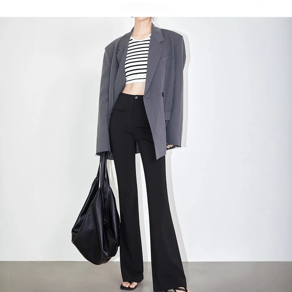 Women's Black Slim Fit Flared Pants New Office Style High Drape Premium Roman Fabric Flared Suit Trousers