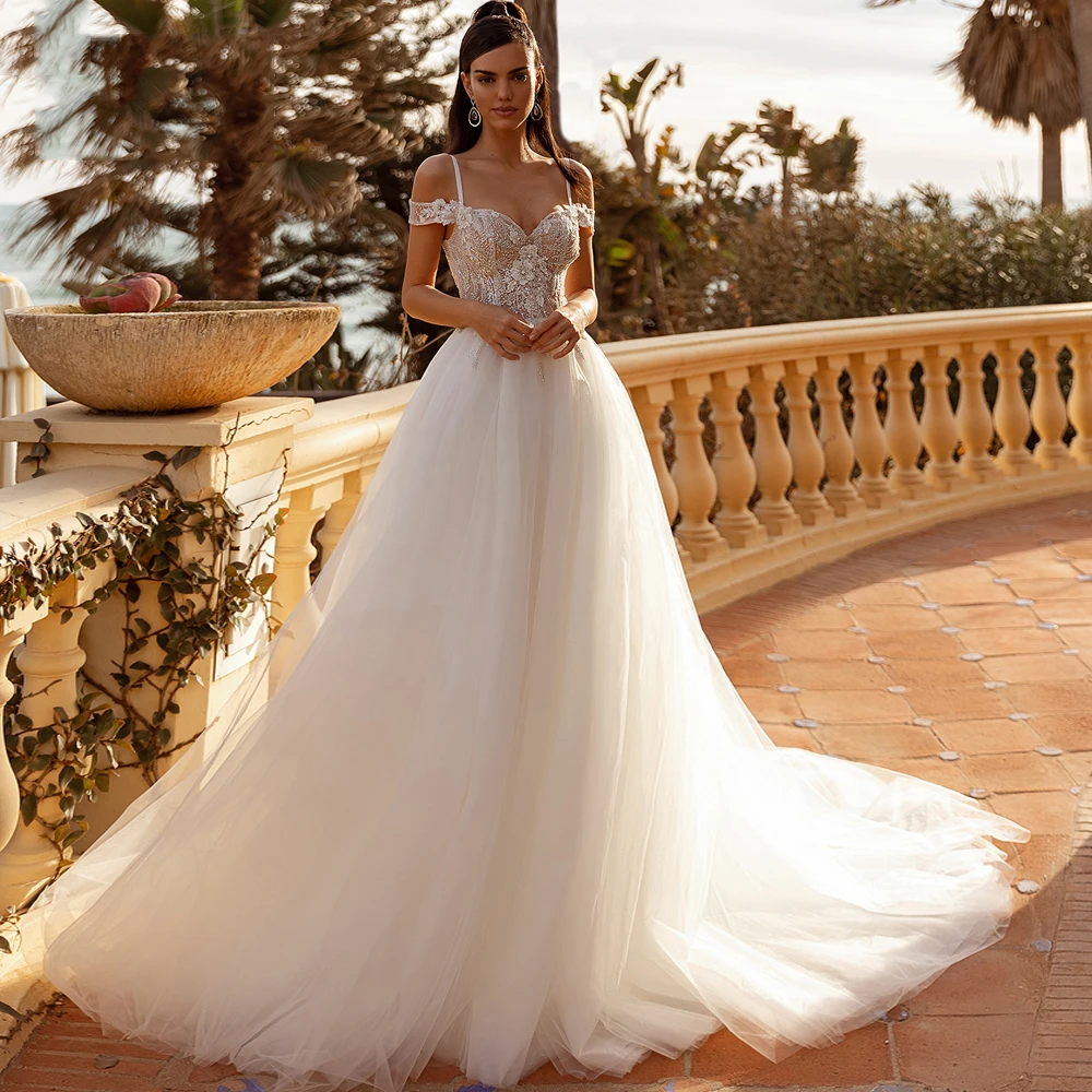 2024 Ivory Tulle Women Wedding Dresses Sexy Luxury Off The Shoulder Glittle Bridal Gowns Lace Flower A-Line Vestidos De Noivas