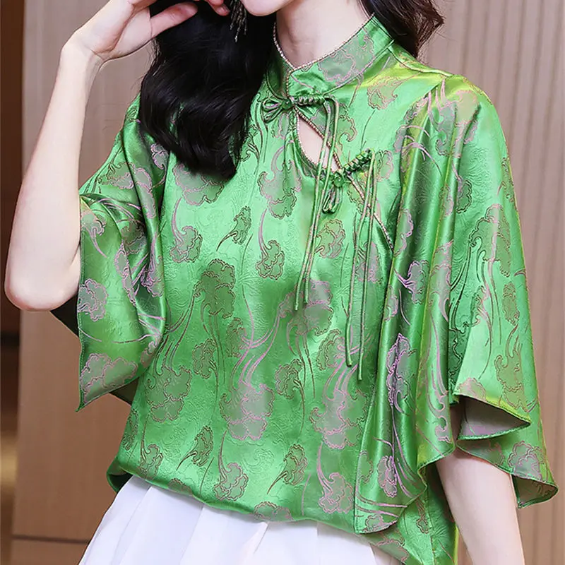 Femme Chinese Style Printing Silk Half Sleeve Stand Collar Blouse Autumn Office Lady Buttons Women Shirts Simplicity Lacing Tops