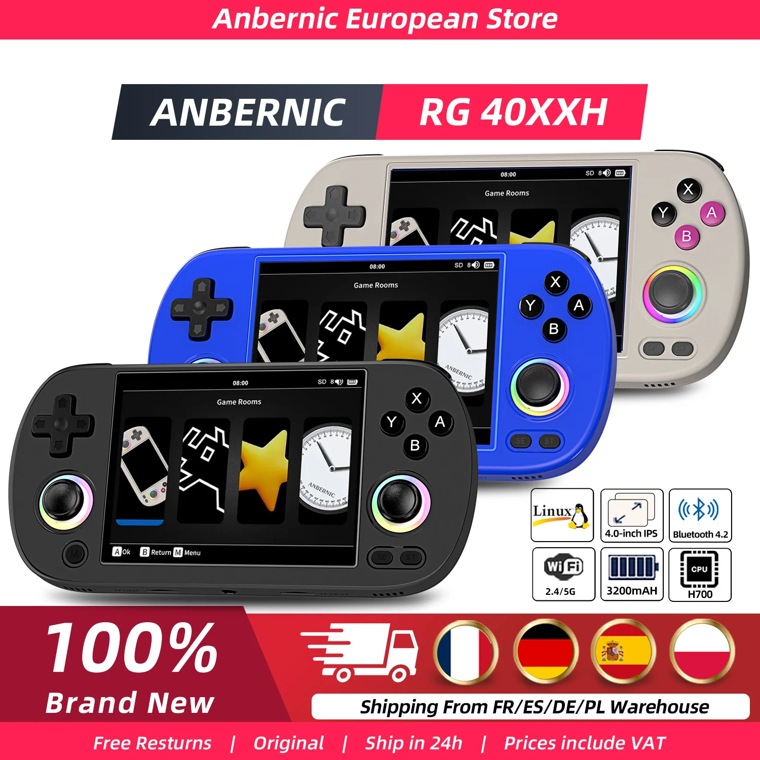 Anbernic RG40XX H Console per videogiochi da 4,0 pollici Lettore di giochi retrò 64G Precaricato oltre 5000 giochi Sistema portatile Linux a 64 bit RG40XXH