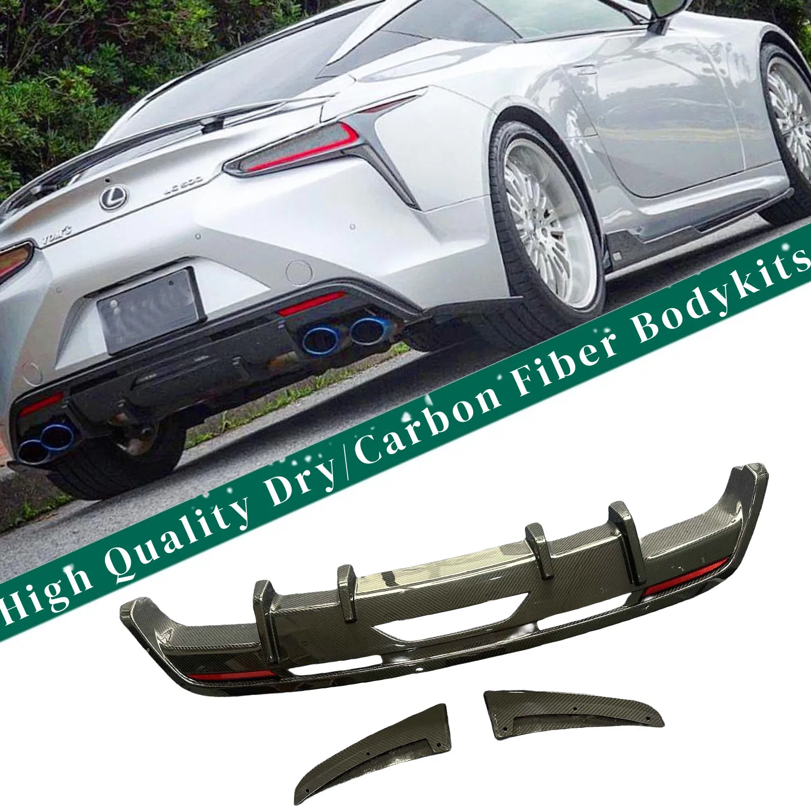 

Комплект обвеса из сухого карбона для Lexus LC500 LC500H 2018+: задний бампер, накладка на бампер, нижний диффузор