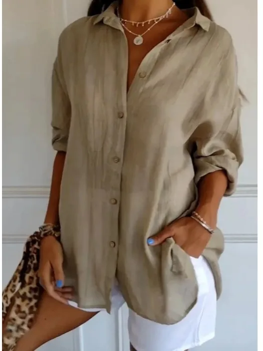 

Loose Long Sleeve Pure Color Casual Shirt Autumn New Style Hong Kong Style Artistic Turn-down Collar Single Button Base Shirt