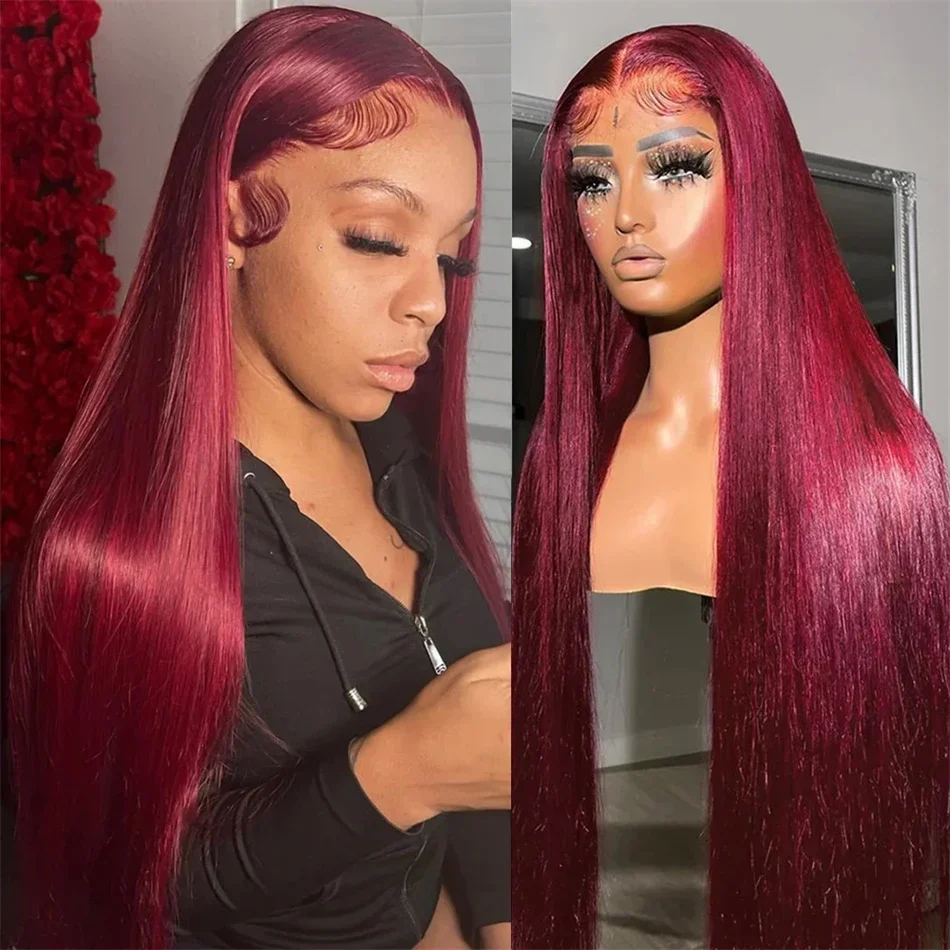 Mstoxic 34 Inch Burgundy RED 13x4 Hd Lace Frontal Wig Straight Lace Front Wigs 99J Colored Human Hair Wig For Women Pre Pucked