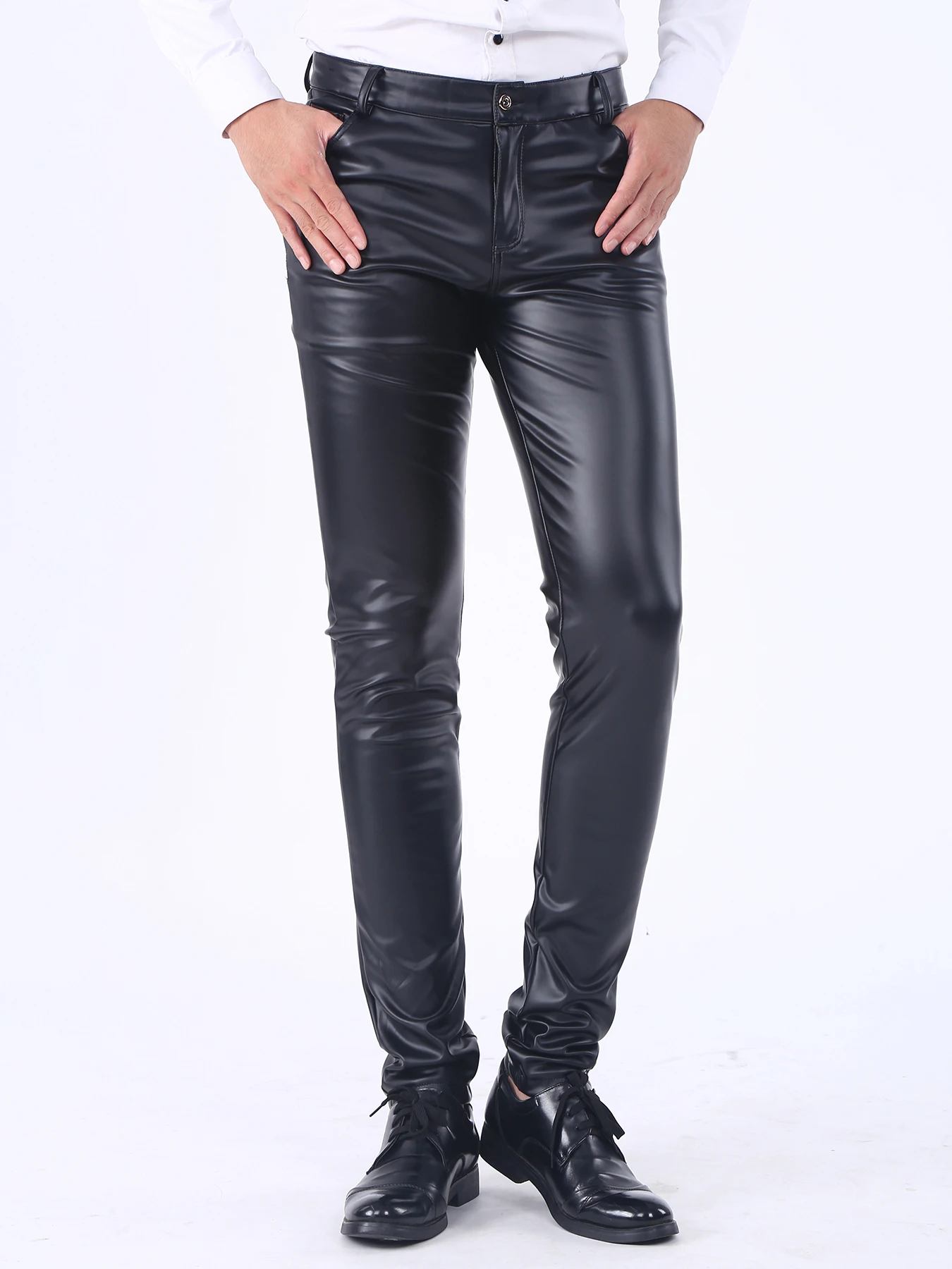 

Men`s Party Stage Performance Business Slim Fit Five Pockets Faux Leather Pants Jeans