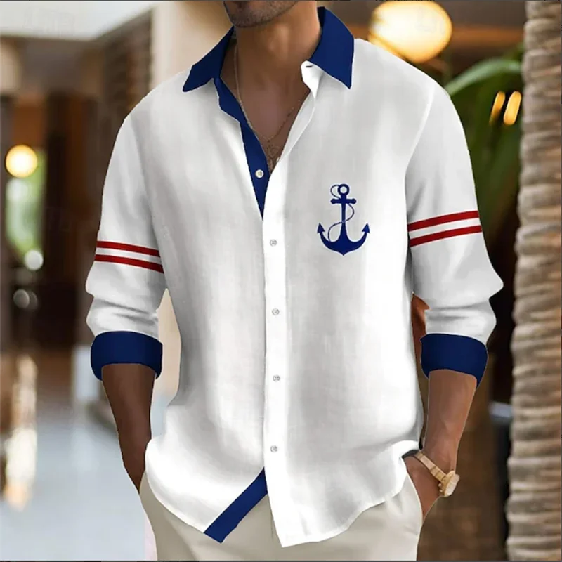 

Men's Shirt, Button Shirt Light Color Arc Casual Shirt Spring Summer Boat Anchor Print Long Sleeve Daily Fashion Comfortable