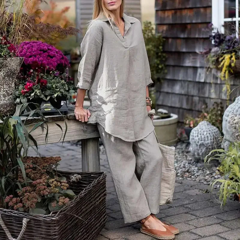 Ensemble de pantalons pour femmes, chemises à manches longues doublées en coton, taille ample, jambes larges, costume, mode printemps 2025, tenues pour dames, nouvelle collection 2025