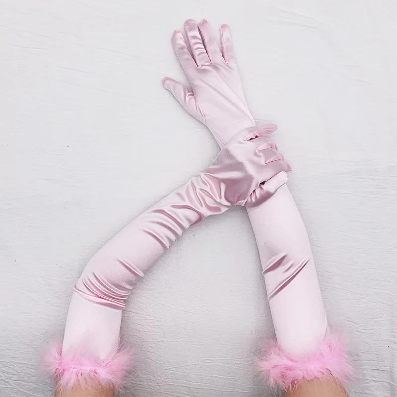 Sexy 53cm Elastic Full Finger Long Silk Satin Dance Party Cuff Feather Gloves Halloween Makeup Party Opera Stage Women\'s Mittens