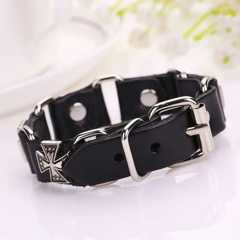 Men\'s Punk Adjustable Leather Strap Bracelet Metal for Cross Cuff Bangle Wristba