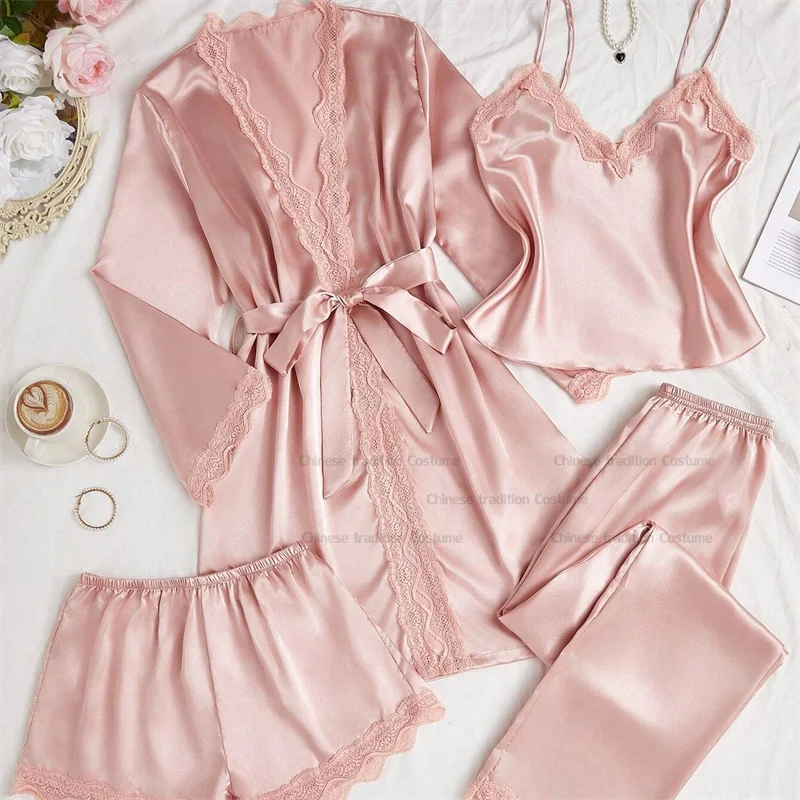 Pink 4Pcs Lace Patchwork Silk Imitation Set Women Pajama Suit Sexy Camisole Shorts Pants Robe Summer New Pijama Mujer Loungewear