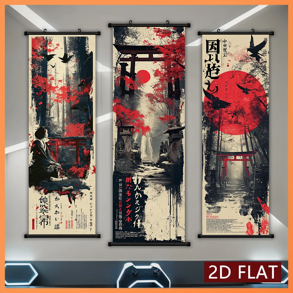 VIKAMA Moody Sumi-e Torii Maple Crow Triptych Wall Scroll Poster Vintage Japanese Ink Canvas Art Print Hanging Painting