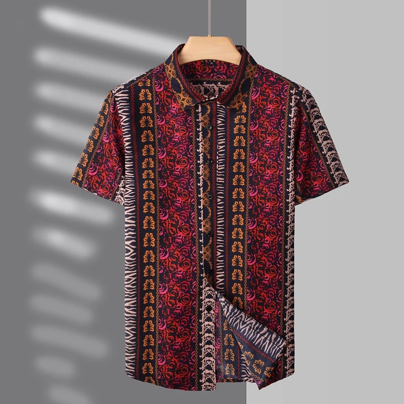 

Retro Print Short Sleeve Shirts Men's Summer Slim Casual Shirt Thin Breathable Beach Vacation Hawaiian Shirt Social Men Clothing
