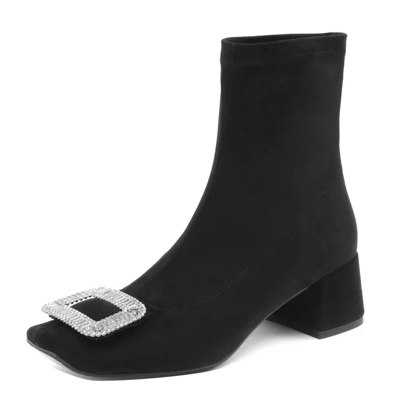 

Women Ankle Boots High Heels Cow Suede Leather Short Boots Square Toe Office Lady Autumn Winter Shoes Woman Size 34-42