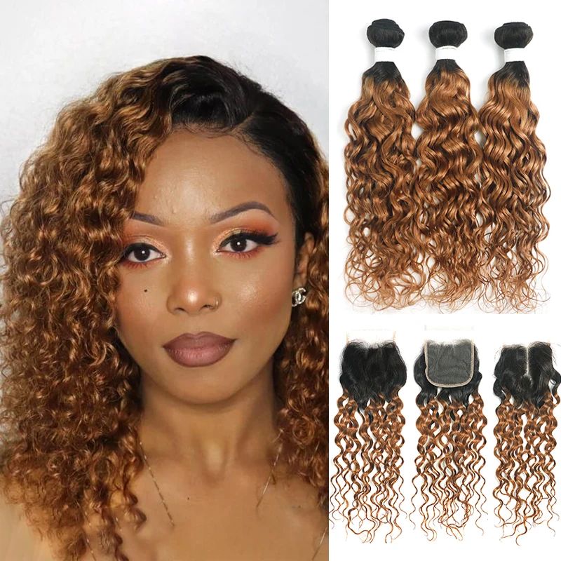 

Water Wave Bundles With Closure Ombre Brown Blonde Brazilian 100% Human Hair Bundles With 4x4 Lace Closure SOKU Non-Remy Hair