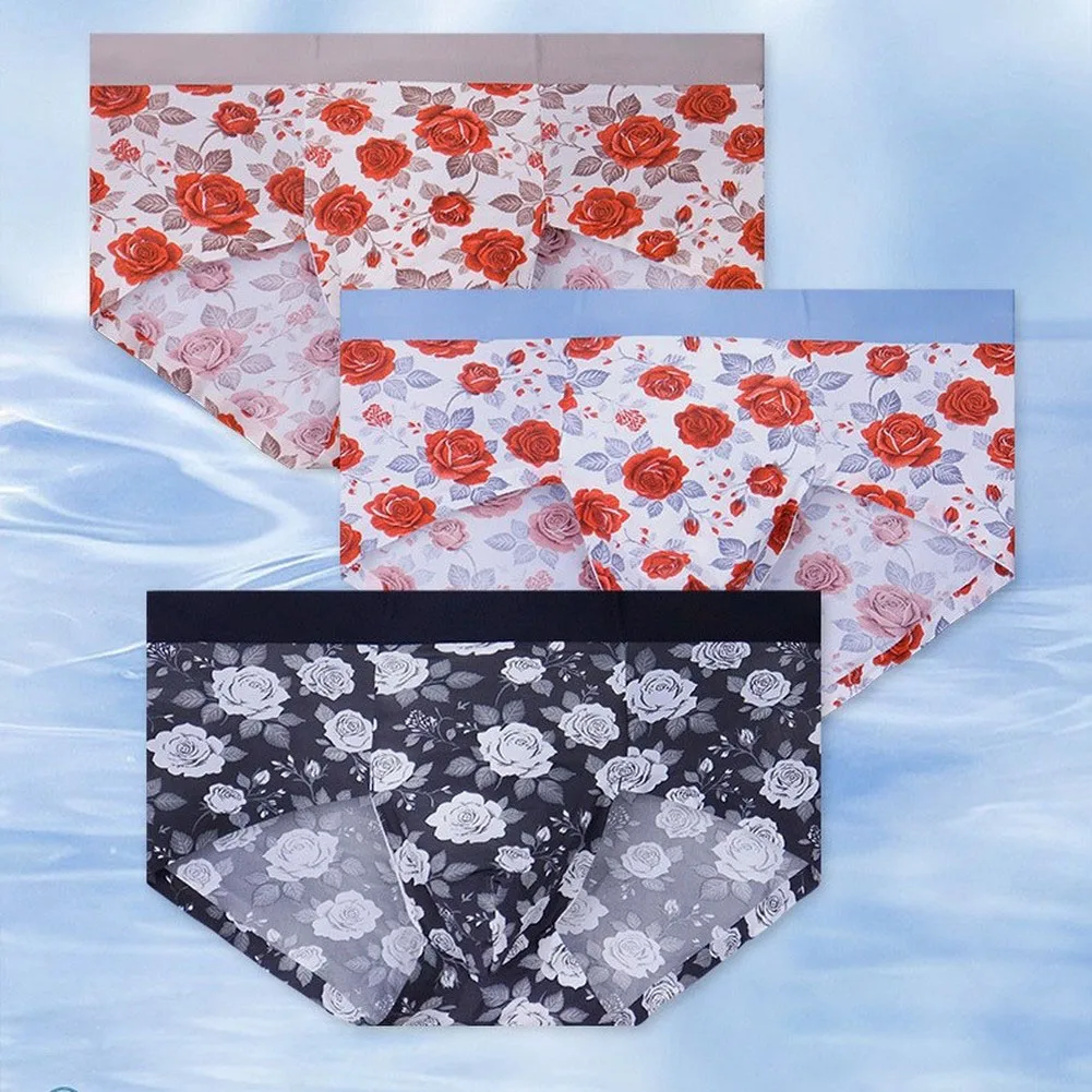 Men Ice Silk Briefs Underwear Bulge Pouch Mid Waist Printed Comfortable Panties Soft Sexy Cuecas Masculina Man Boxershorts