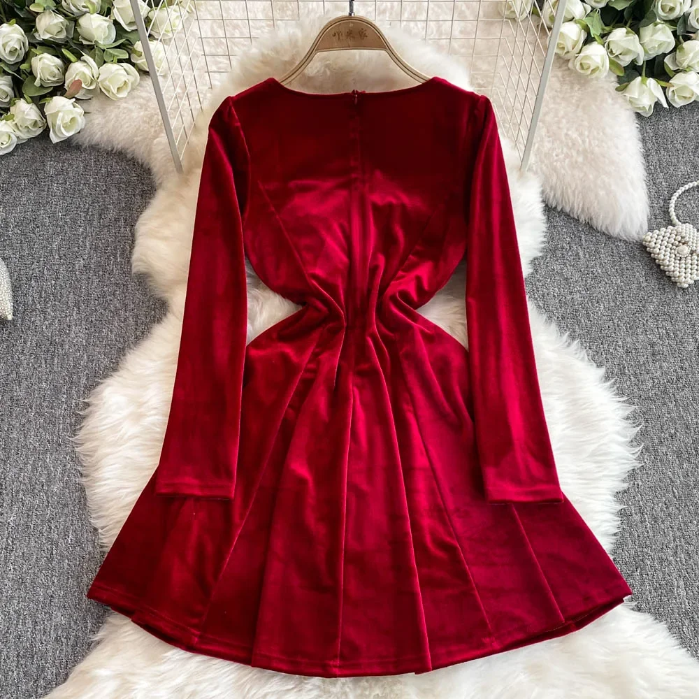 Elegant Square Neck Vintage Long Sleeve Chic Mesh Spliced Sequins Slim A-line Velvet Dress Autumn Women Fashion Ceremonial Dress