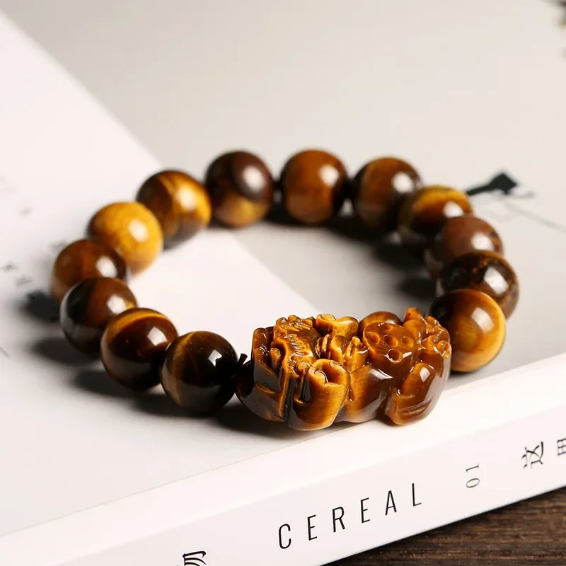 Brave Troops Brown/Yellow 12mm Natural Tiger's Eye Beaded Strand Bracelets for Men Fine Jewelry Gifts for Boyfriend YBR441