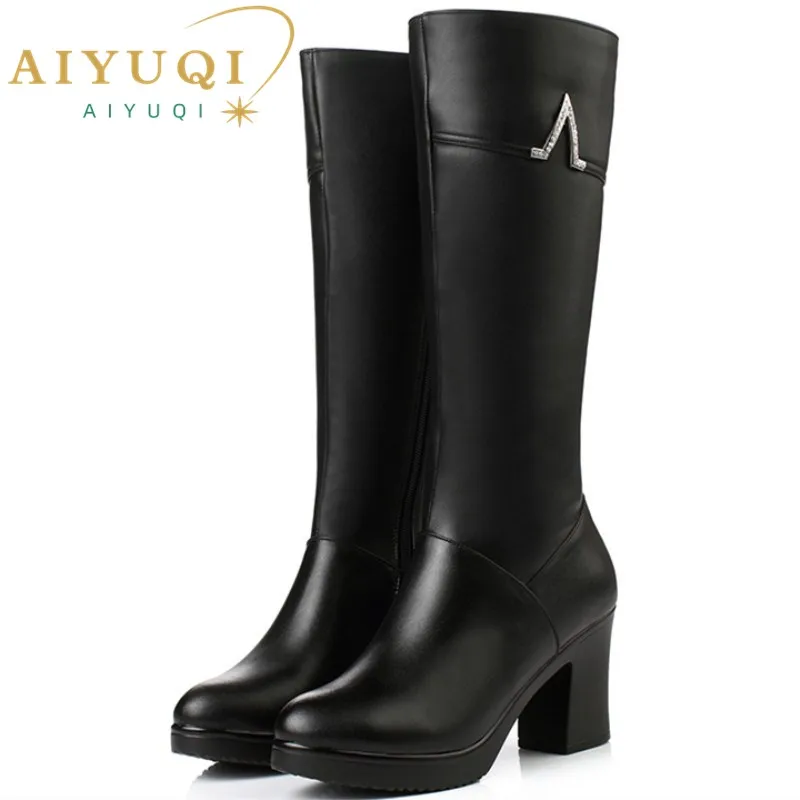 AIYUQI New Winter Genuine Leather Boots Women Shoes High Heeled Mid Calf Women Long Boots  Warm Snow Boots Lady Fashion Shoes