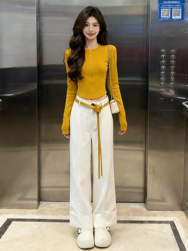 

Elegant Autumnal Women's Korean Style Slimming Top And Wide Leg Pants Two Piece Set Casual Fashion High Waist Pear Shaped