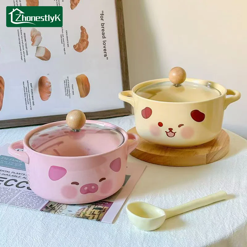 Korean Style Ceramic Instant Noodle Bowl with Lid Cute Pig and Dog Pattern Double Eared Soup Bowl Kitchen Tableware