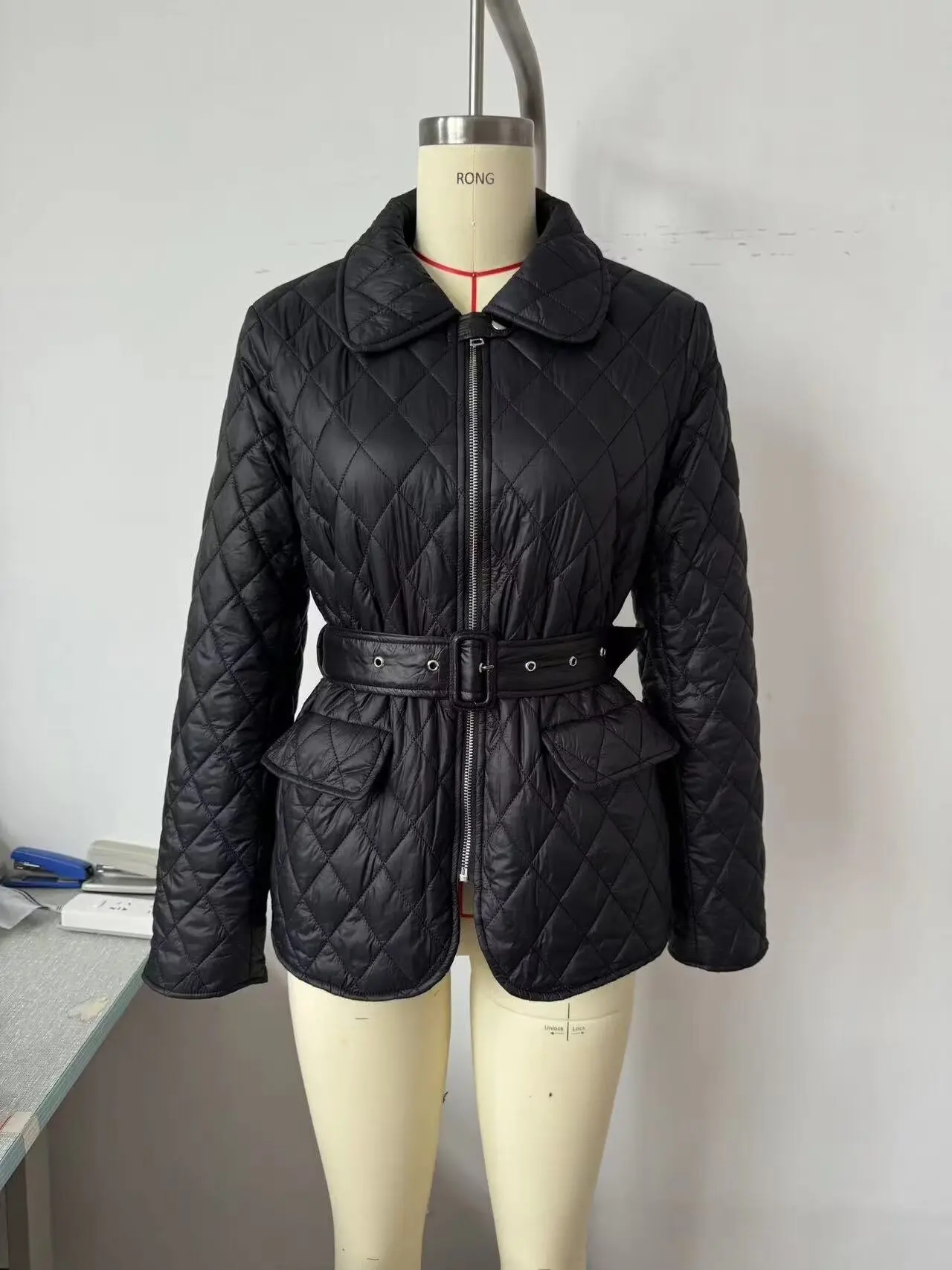 European and American style new style belted quilted lapel slim-fitting cotton coat for women winter mid-length cotton coat