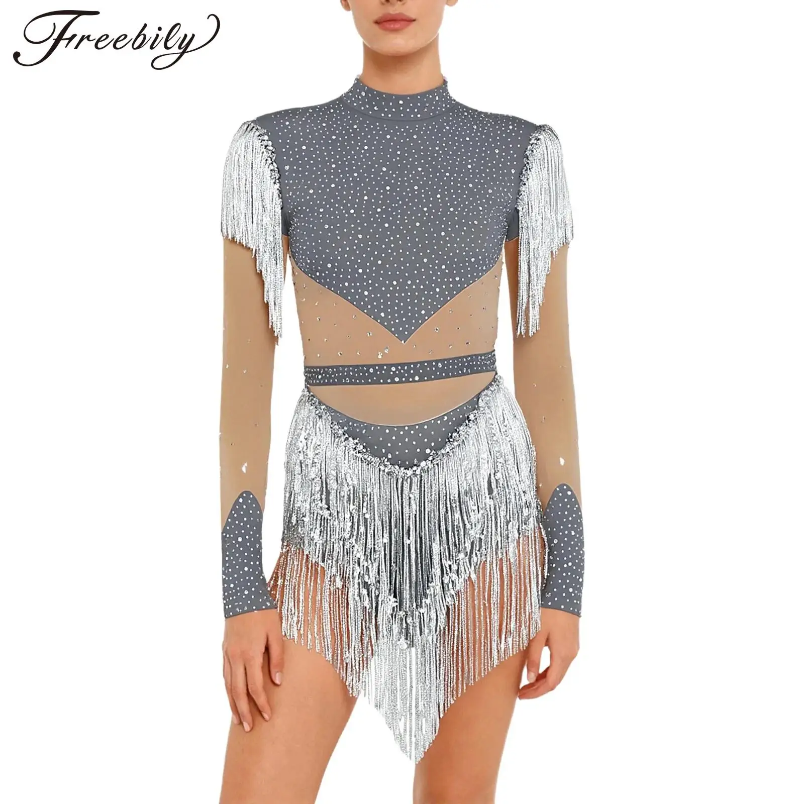 المرأة اللاتينية ملابس رقص الجمباز الشكل التزلج تشا تشا تانجو سامبا قاعة الرقص ارتداءها كم طويل الترتر شرابة حجر الراين Dancewear