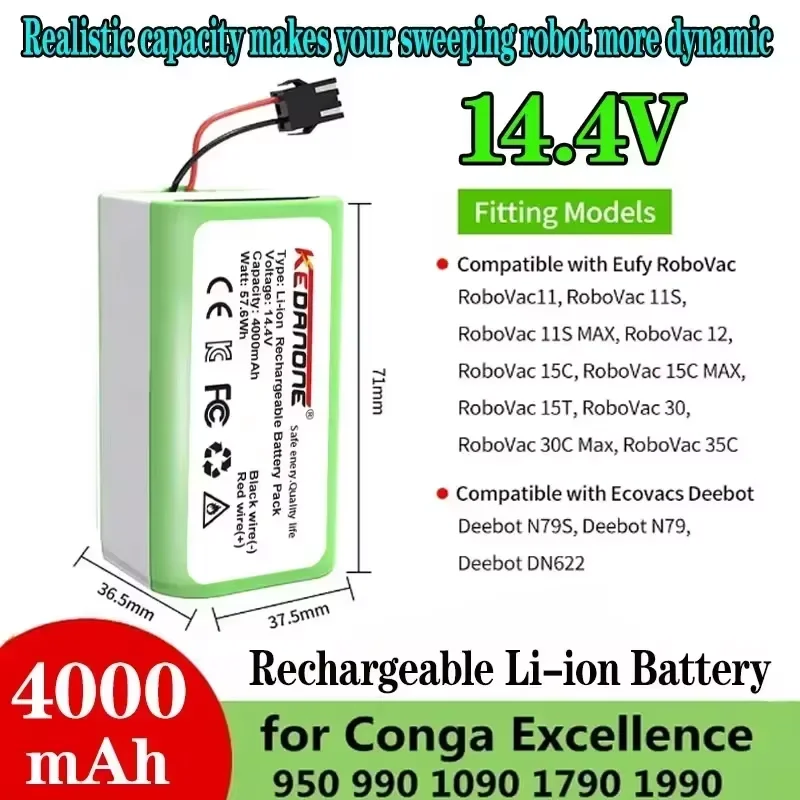 

14.4V lithium ion battery for Conga Excellence 950 990 1090 1092 1190 1790 1990 Robovac 11S 15C 30C Max NETBOT S14 S15