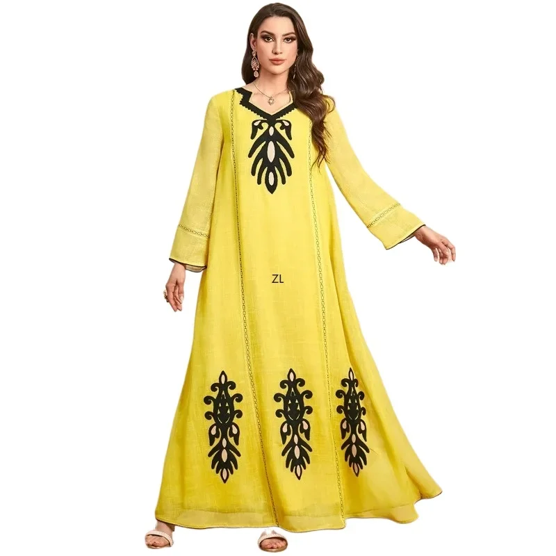 

Muslim Women Embroidery Maxi Dress Dubai Abaya Turkey Kaftan Eid Djellaba Islam Clothing Femme Morocco Caftan Vestidos Jalabiya