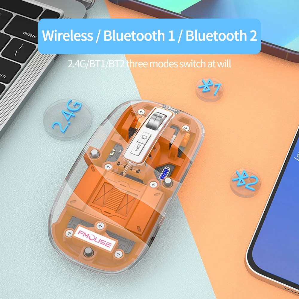Mouse Bluetooth nirkabel 2.4G transparan, Mouse Bluetooth nirkabel, Mouse bisu, untuk kantor, Laptop, PC