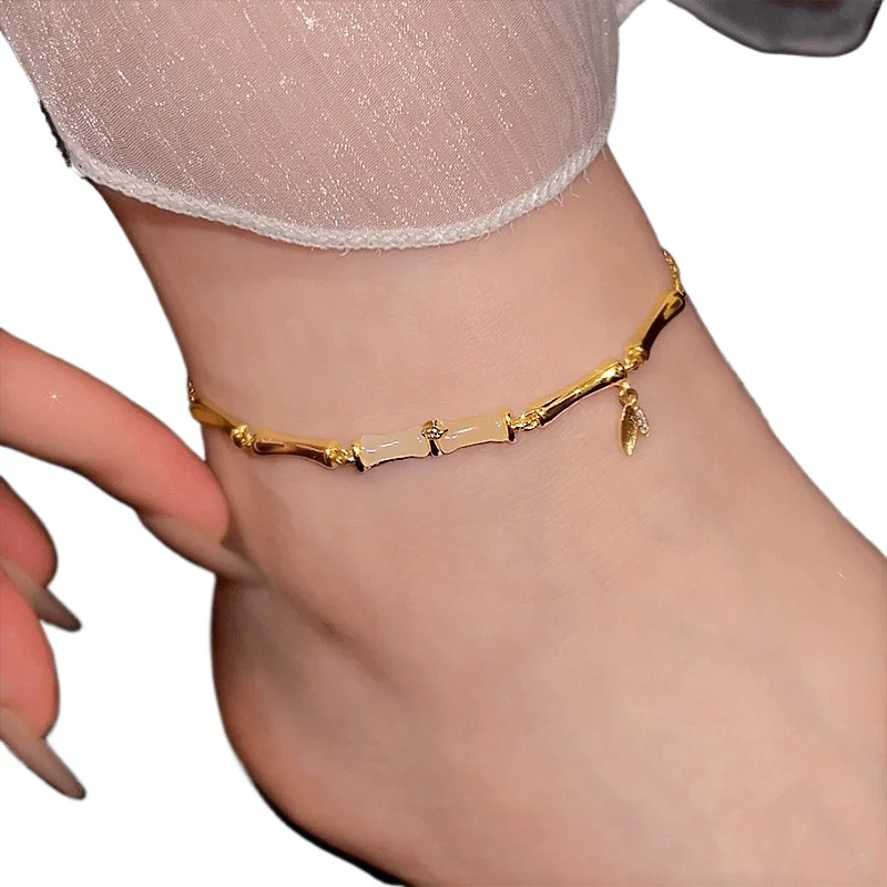 

18-каратное золото Hetian, нефритовый бамбуковый браслет на щиколотке, женская легкая роскошная высококачественная новая китайская цепочка для ног