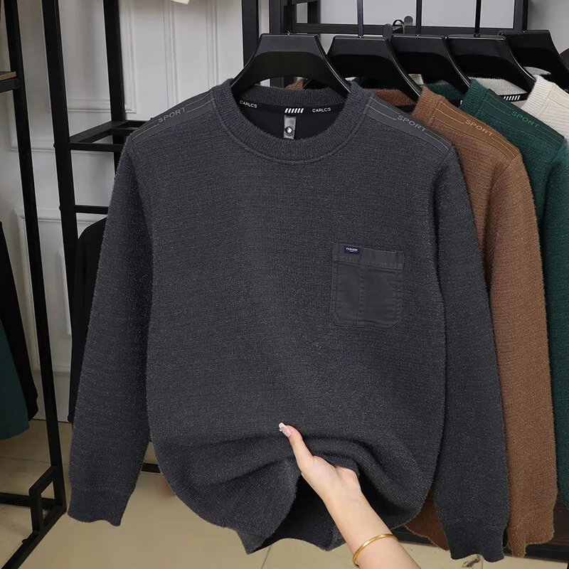 Korean Knit Jacquard Round Neck Sweater for Men Winter Velvet Warm Knitting Pullover Social Casual Knitwear Tops Streetwear