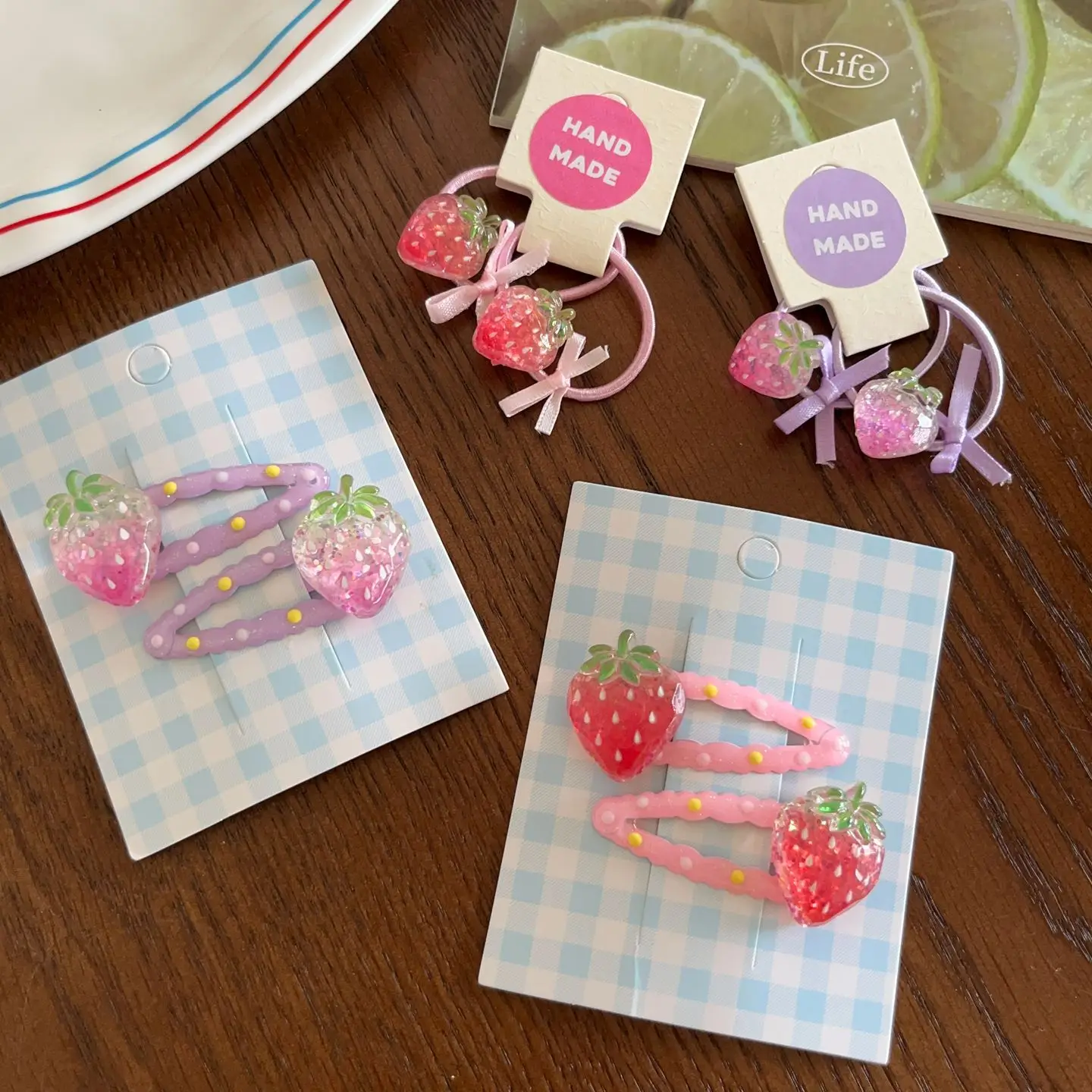Hair Ties and Clips 2 Pack Shiny Jelly Strawberry Polka Dot Resin Non Slip Cute for Daily Ponytail and Bangs Versatile