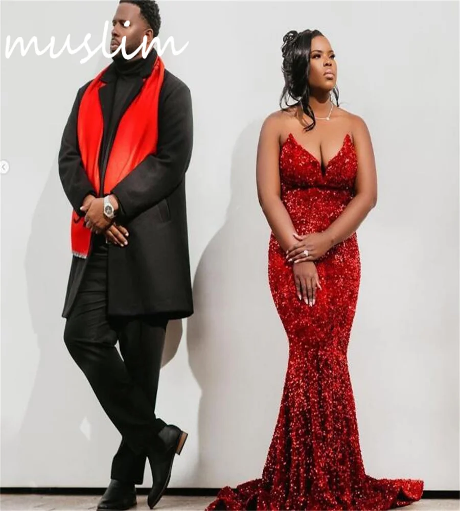 New In Red Plus Size Prom Dress For Black Girls Sweetheart Shinny Sequin Mermaid African Evening Gowns Elegant Formal Occasion