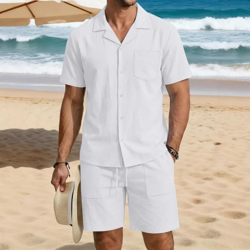 Mens Summer Cotton Linen Vacation Set Cuban Collar Shirt And Cargo Shorts Beach Outfit