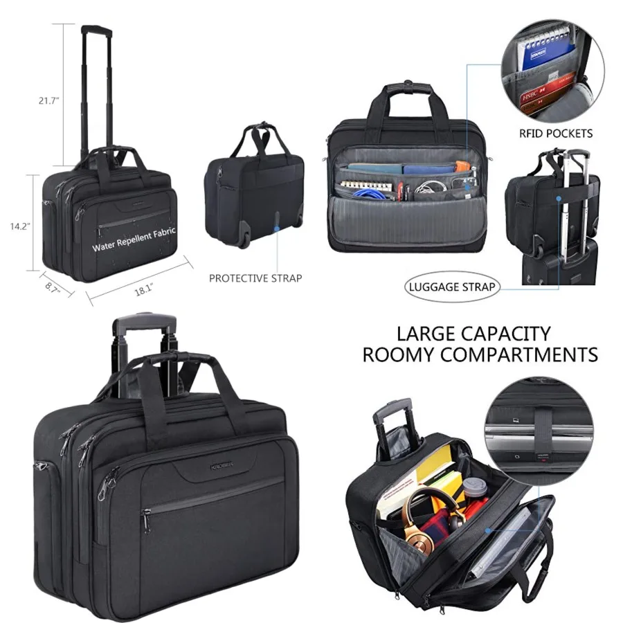 

Rolling Laptop Bag Premium Wheeled Briefcase Fits Up to 17.3 Inch Laptop Overnight Roller Case Computer Bag with RFID Pockets for Travel/Business/Men/Women-Black