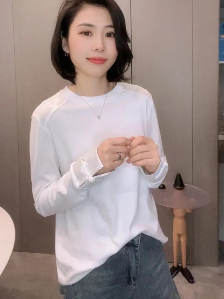 Nueva camiseta china Sle Long Sve blanca para mujer, diseño de primavera 2025, Sense Splicing, ropa interior, Base irt, botón superior redondo...