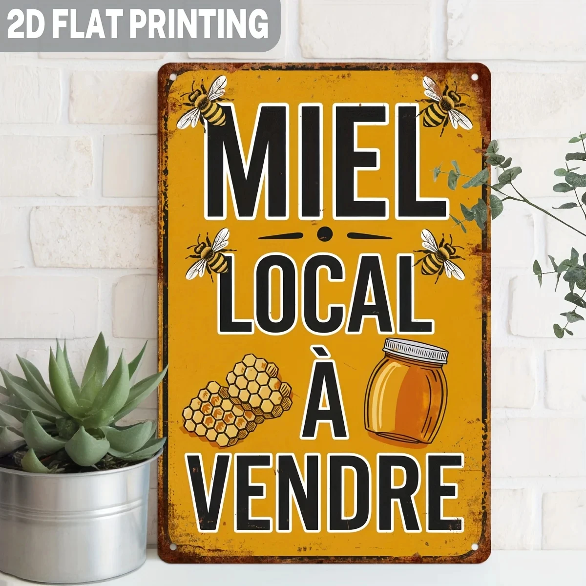 2D Flat, 1 Piece French Vintage Bee and Honeycomb Metal Wall Decor Sign - Country Farmhouse Decoration, with the French Phrase 