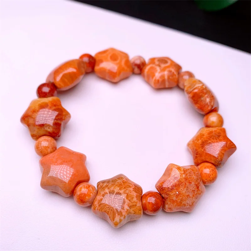 Natural Coral Jade Star Bracelet Yoga Reiki Healing Fengshui Stretch Bangles Female For Women Man Gift 1PCS