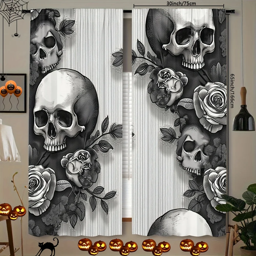 Gothic Skull Rose Curtain 2 Panels, Black White Sketch Skeleton Flower Vertical Striped Light Base Print, Drapes Bedroom Curtain