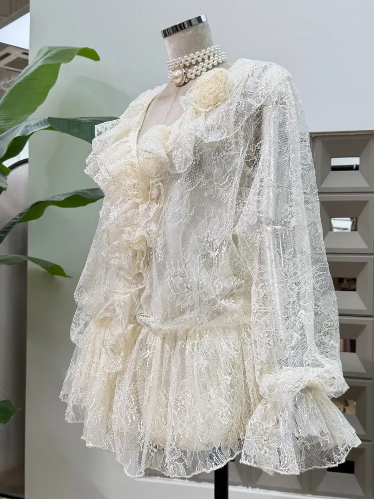 DFDG 025 فستان نسائي مصمم بأكمام طويلة من الدانتيل فستان شفاف مكشكش مرقع للربيع والصيف فستان أنيق عصري #2