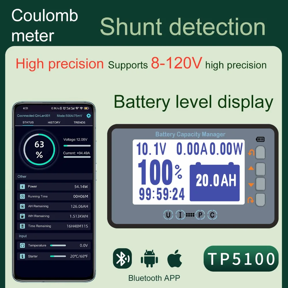 TP5100 Coulomb Counter Meter High Precision Coulombmeter Battery Capacity Manager 100/200/300/500A for Battery Detector Tester