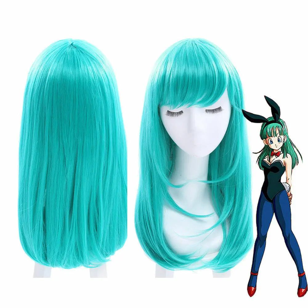 Peluca de Cosplay de Dragon Ball Bulma de 60cm, azul, verde, pelo liso medio largo, accesorios de red rosa, disfraces de actuación de Halloween