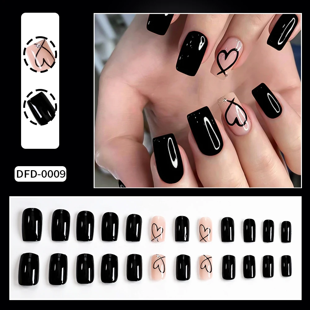 

24pcs/box Valentine's Day Black Line Love Fake Nails Square Head Press On Nail Hollow Lines Heart Full Coverage False Nails Tips