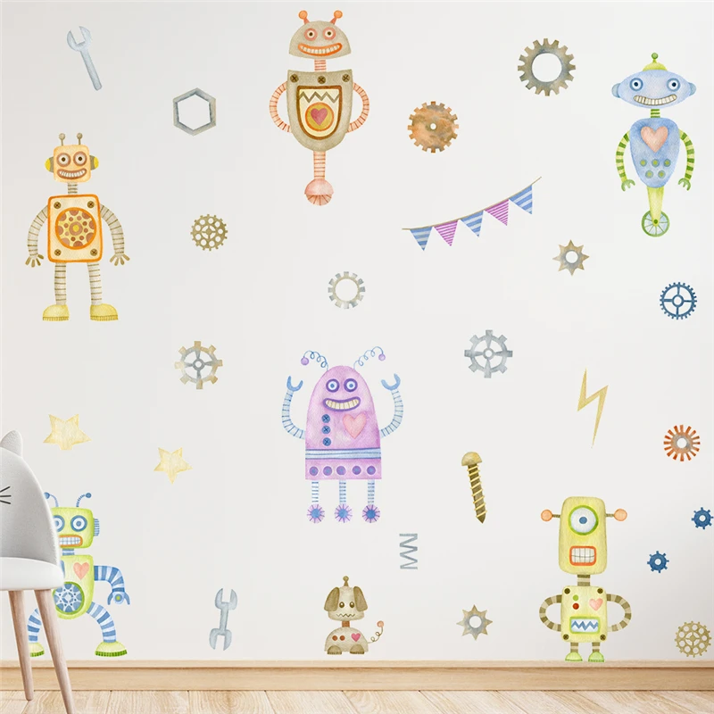 Creative Robot Pattern Wall Sticker For Kids Bedroom Home Decoration Diy Cartoon Mural Art Pvc Decal Baby's Poster