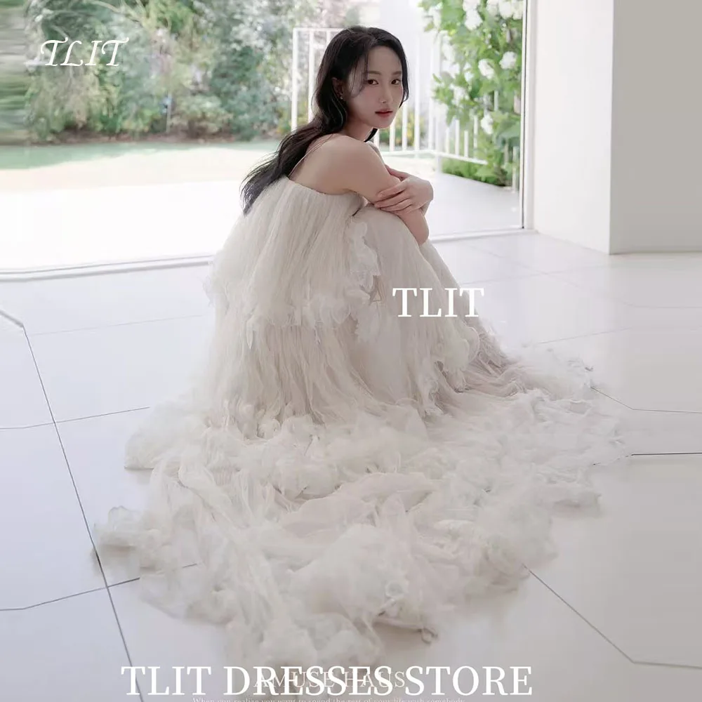 

TLIT Elegant Ivory Tulle Tiered Evening Dress Korea Wedding Dress Photo Shoot Spaghetti Strap Prom Gowns Customized 이브닝 드레스
