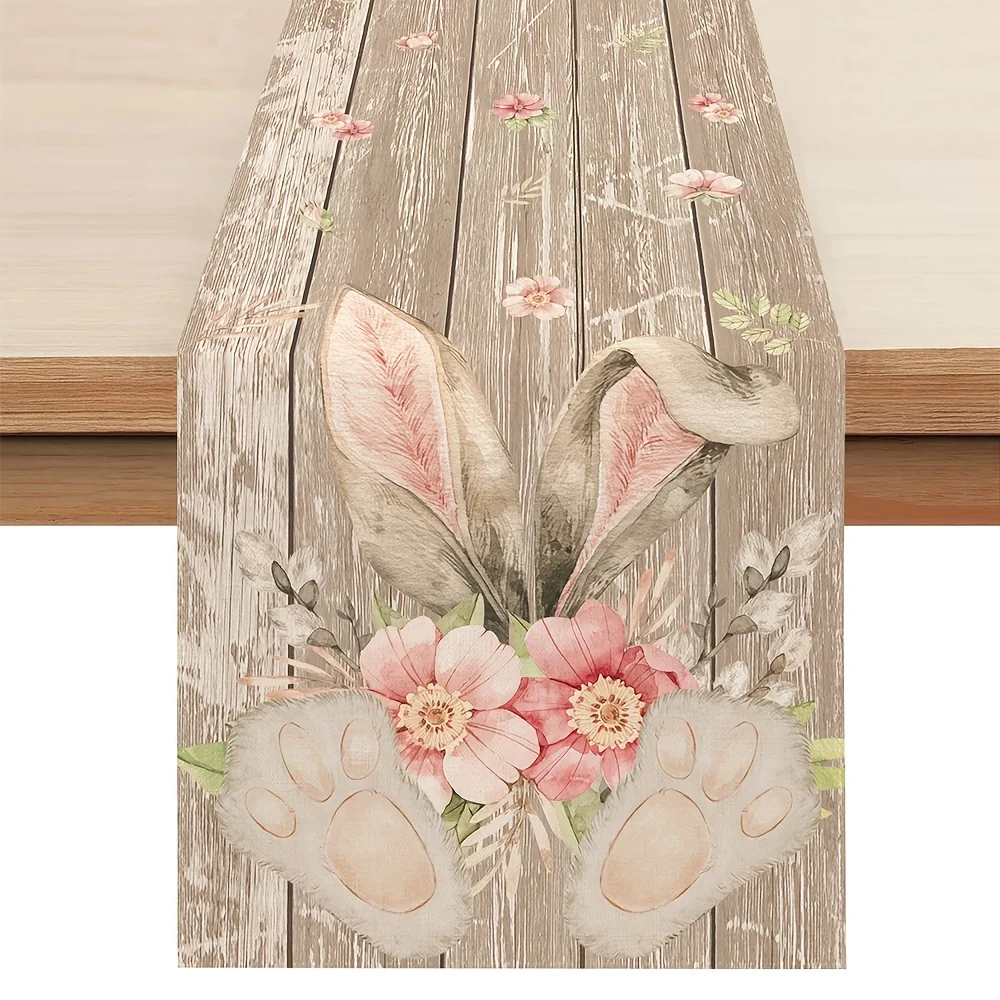 VIKAMA Easter Bunny Rabbit Flower Wooden Table Run, Rectangular Spring Kitchen Dining Room Decor, Seasonal Family Party Decor