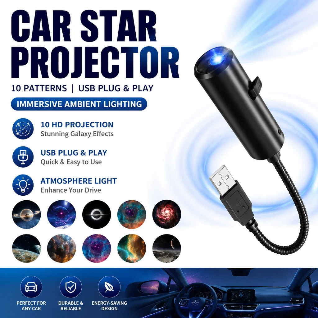 10 Patterns LED Car Star Projector Galaxy Light USB Plug & Play Galaxy Astronaut Moon Projection Lamp for Car Interior Bedroom