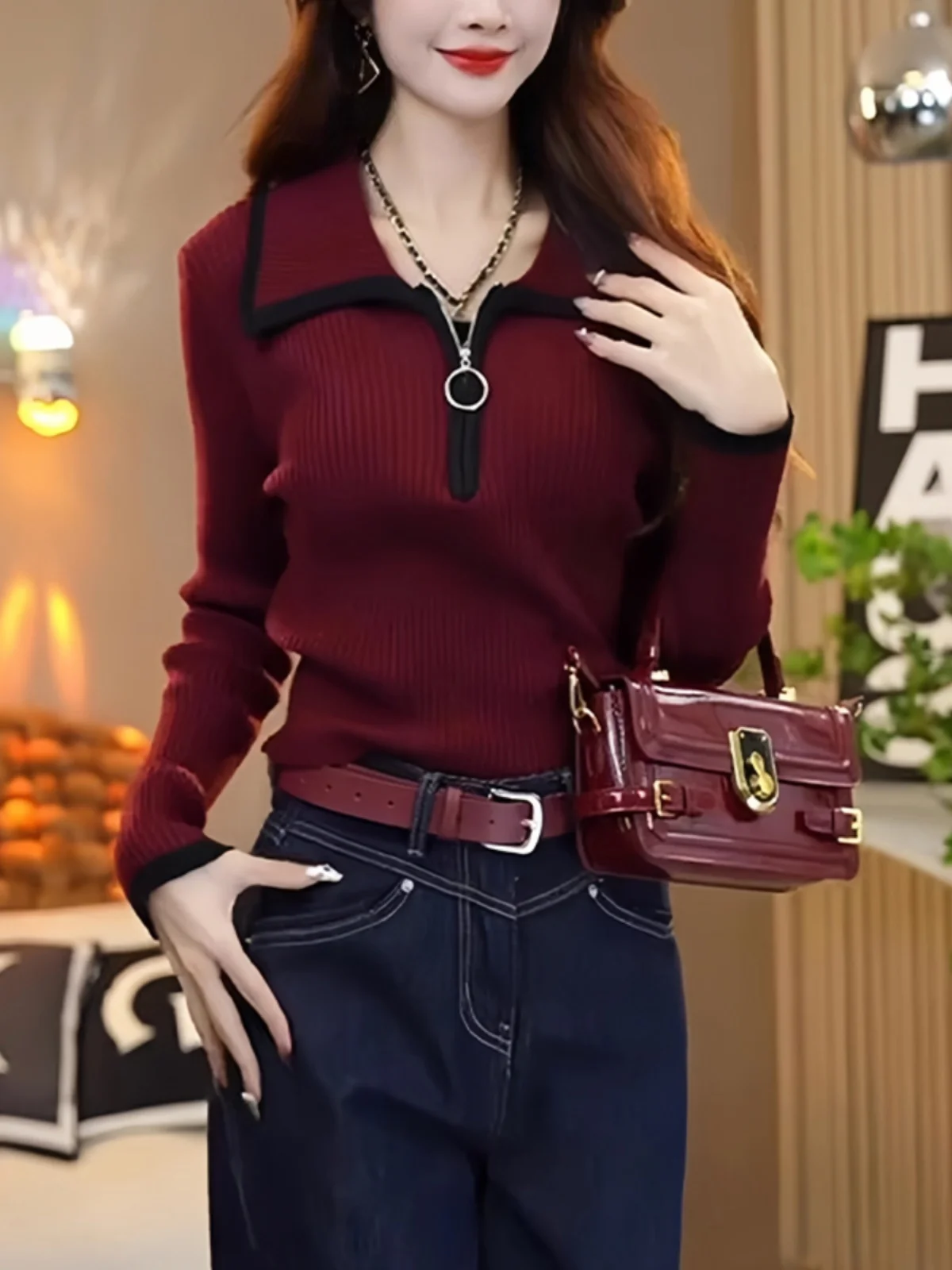 

Faionable European f Zipper Long Sve Knitted Sweater 2026 New Color Blo Slimming Base Top Korean Sle Commute Wind