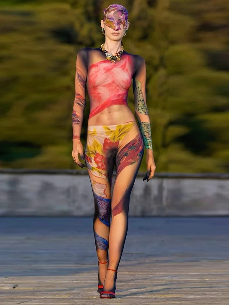 Leosoxs 다채로운 프린트 점프 슈트 여성 섹시한 오 넥 풀 슬리브 스키니 피치 힙 핫 걸스 스트리트 패션 와일드 스타일 오버올