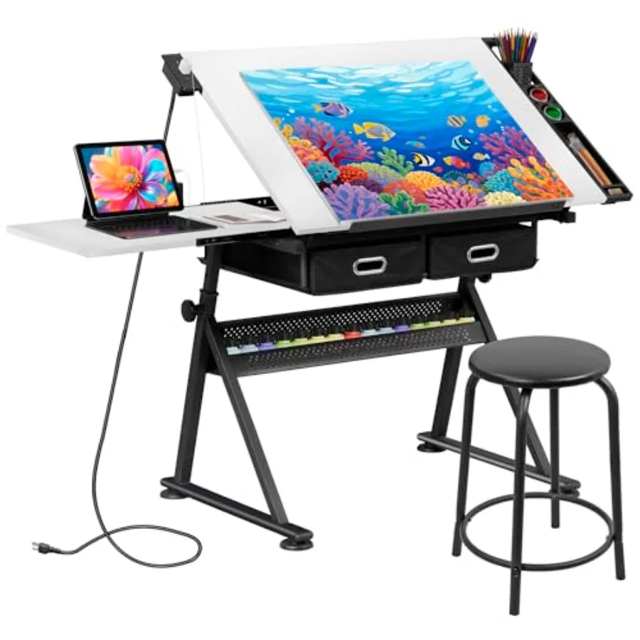 

Регулируемый наклонный чертежный стол-верстак с розеткой и стулом, 2 выдвижных ящика, деревянная отделка, идеально подходит для домашнего офиса и письменной работы