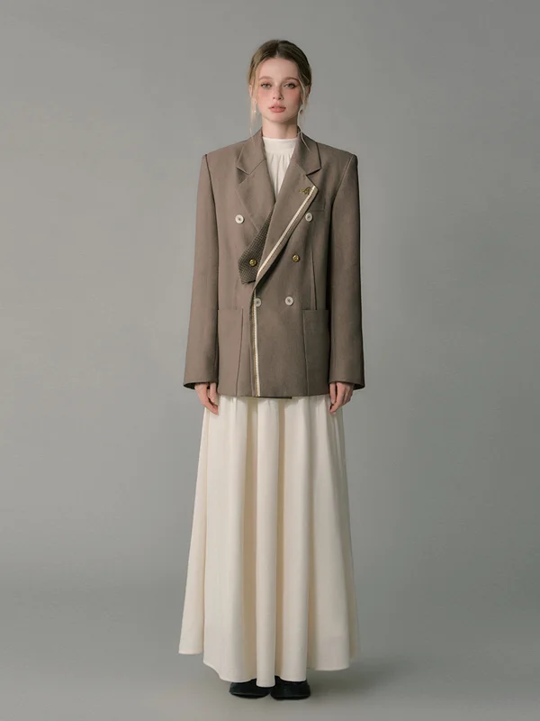 

LKONE оригинальный двубортный костюм кофейного цвета, женский жакет свободного кроя, длинное пальто из полиэфирного волокна